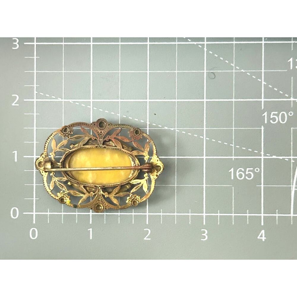 Vintage Amber Cabochon Brooch Filigree Bronze Tone Victorian Revival - Picture 10 of 12